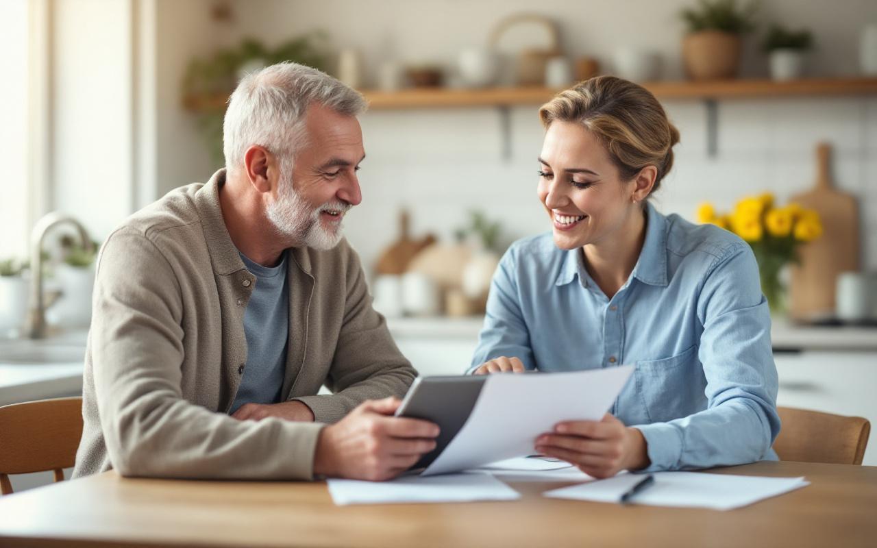 Propriétaire et représentant d'une agence discutant d'un contrat de nettoyage à table dans une cuisine moderne, documents et tablette sur la table, lumière matinale douce, ambiance chaleureuse et professionnelle.
