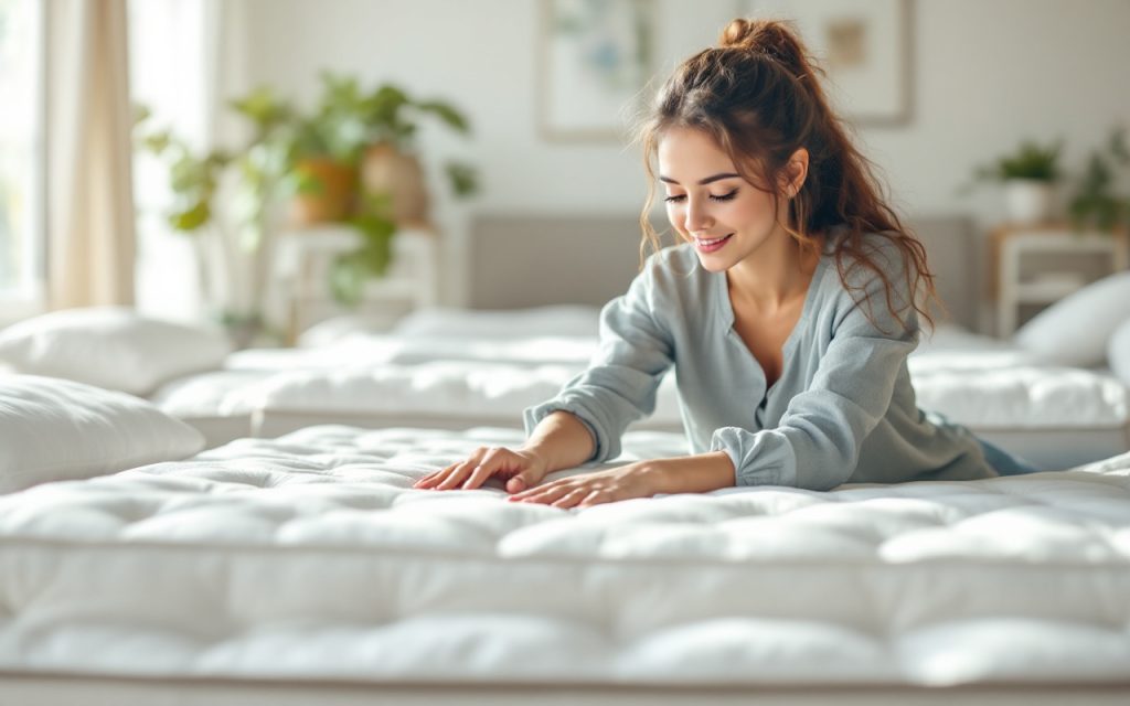 Femme testant la fermeté d'un matelas dans une boutique de literie lumineuse, assise et pressant le matelas avec les mains, éclairage naturel doux, décor moderne avec présentoirs de linge de lit.