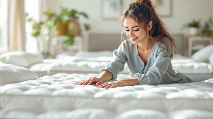 Femme testant la fermeté d'un matelas dans une boutique de literie lumineuse, assise et pressant le matelas avec les mains, éclairage naturel doux, décor moderne avec présentoirs de linge de lit.