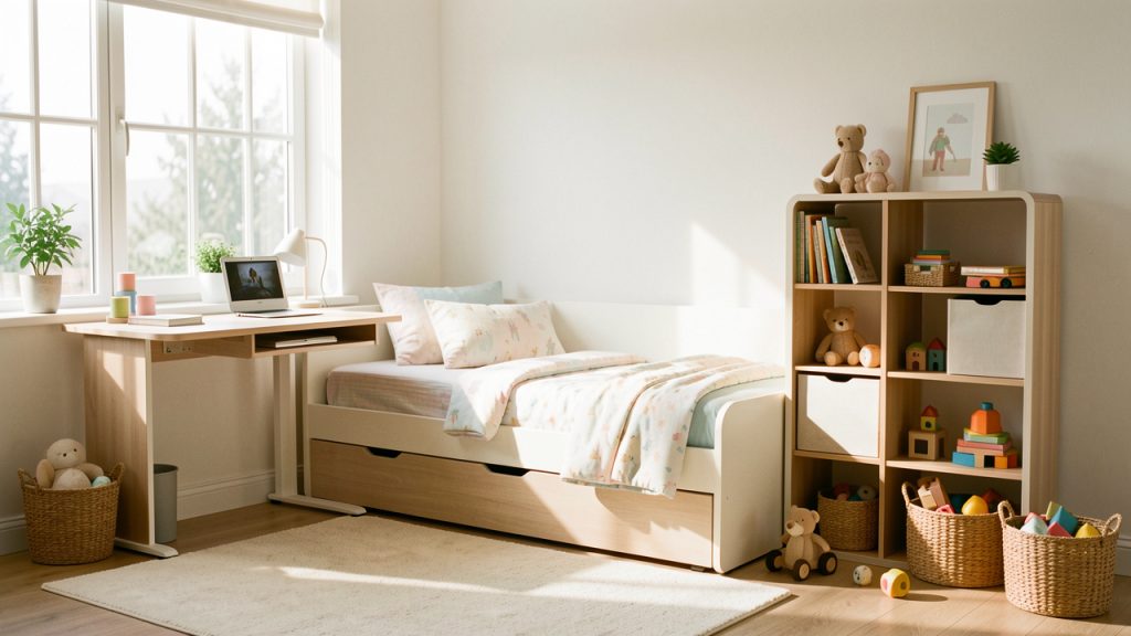 Chambre d’enfant lumineuse au style moderne, avec mobilier évolutif, bureau et lit ajustables, rangements pratiques et ambiance douce.