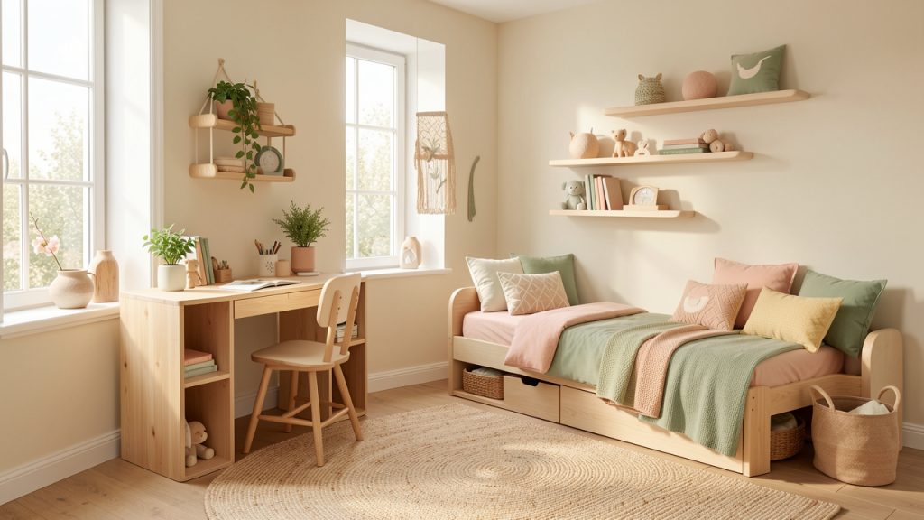 Chambre d’enfant lumineuse et évolutive avec bureau en bois, rangements bas, tapis doux et décoration pastel apaisante.