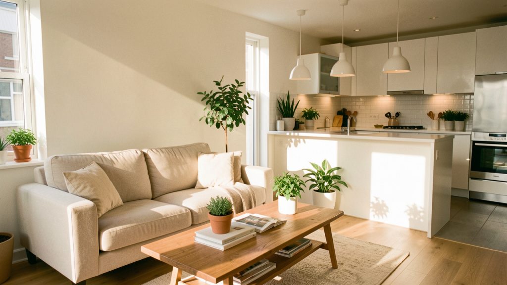 Intérieur d’une maison moderne et chaleureuse, lumineux et soigné, avec un salon confortable, une table en bois, une cuisine claire et des plantes bien disposées.