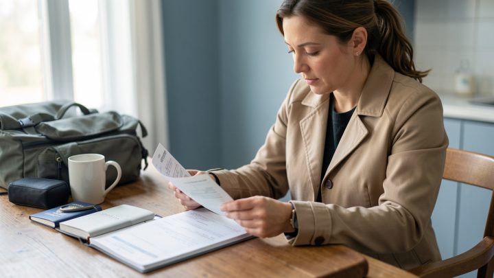 Voyageuse adulte consultant un carnet de vaccination et un passeport avant un départ pour les États-Unis, dans une ambiance sobre et informative.