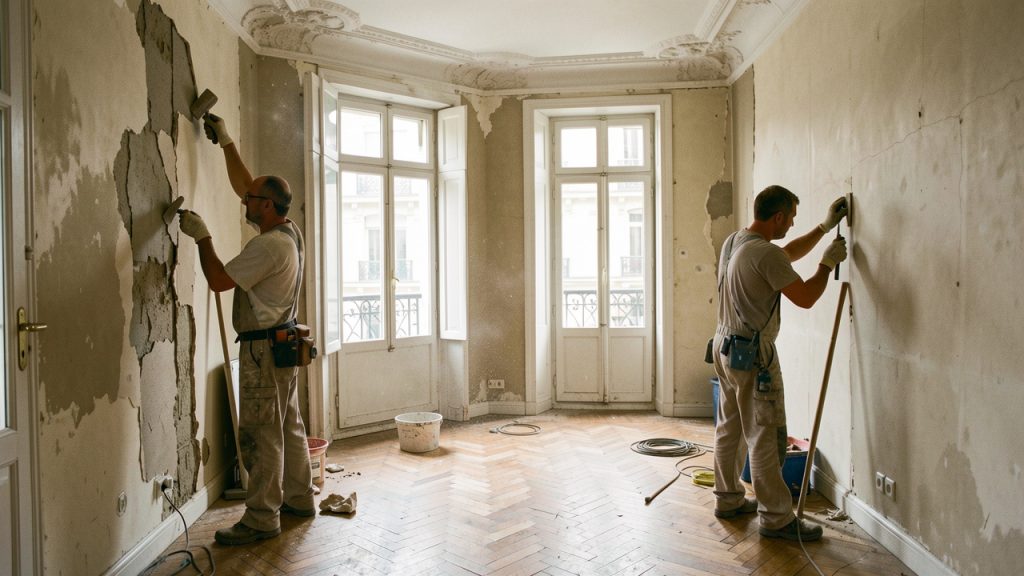 Ancien appartement parisien en rénovation, avec deux artisans au travail devant des murs ouverts, éclairés par la lumière naturelle.