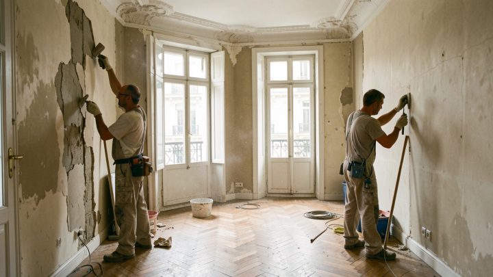 Ancien appartement parisien en rénovation, avec deux artisans au travail devant des murs ouverts, éclairés par la lumière naturelle.