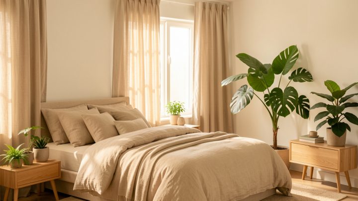 Chambre lumineuse et apaisante avec linge de lit beige, rideaux occultants, plantes vertes et ambiance douce.