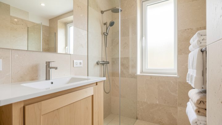 Salle de bains française lumineuse et moderne avec douchette économique, robinetterie sobre, carrelage clair et meubles en bois naturel.