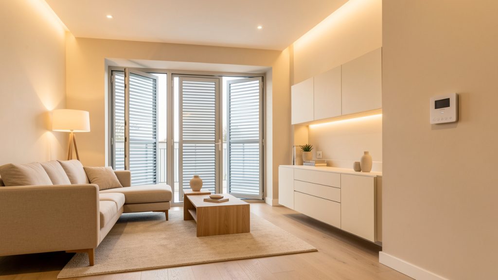 Salon moderne lumineux avec volets connectés, thermostat mural minimaliste et éclairage doux.