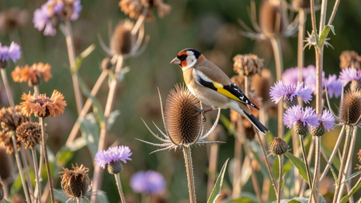 Un chardonneret élégant posé sur un capitule de cardère dans un jardin naturel d’automne, entouré de centaurées sèches et éclairé par une douce lumière matinale.