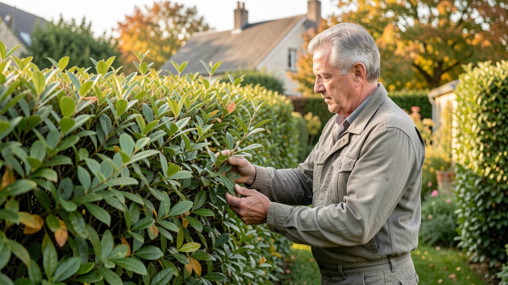 Un homme inspecte attentivement les branches d’une haie dense et bien entretenue dans un jardin résidentiel français en septembre, sous une lumière douce de fin d’été.