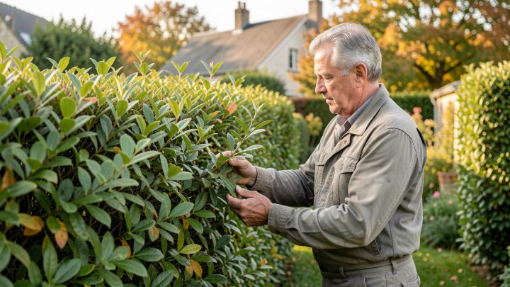 Un homme inspecte attentivement les branches d’une haie dense et bien entretenue dans un jardin résidentiel français en septembre, sous une lumière douce de fin d’été.