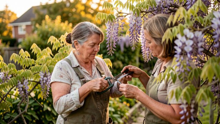Une jardinière taille délicatement une glycine avec un sécateur dans un jardin familial en septembre, sous une douce lumière automnale.