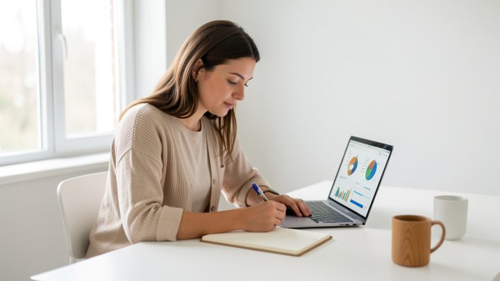 Jeune professionnelle analysant des données sur un ordinateur portable et prenant des notes dans un carnet vierge, dans un bureau lumineux et épuré.