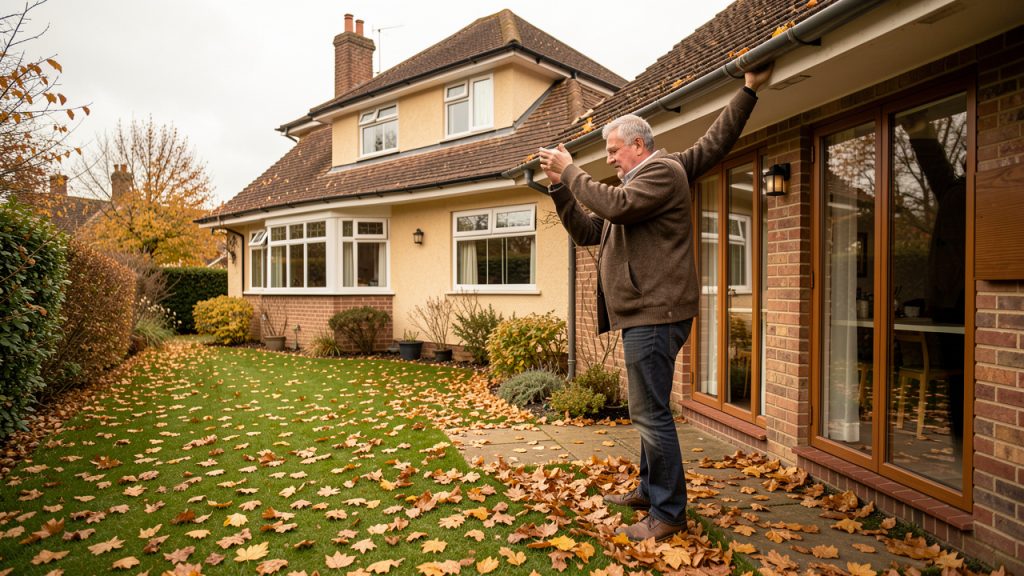 Un homme inspecte les gouttières d’une maison individuelle depuis le jardin, entouré de feuilles d’automne sous une lumière douce.