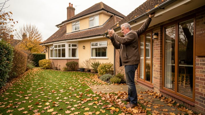 Un homme inspecte les gouttières d’une maison individuelle depuis le jardin, entouré de feuilles d’automne sous une lumière douce.