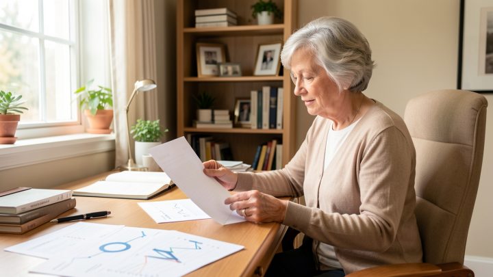 Une femme retraitée active examine des documents de retraite à son bureau dans une ambiance lumineuse et réaliste.