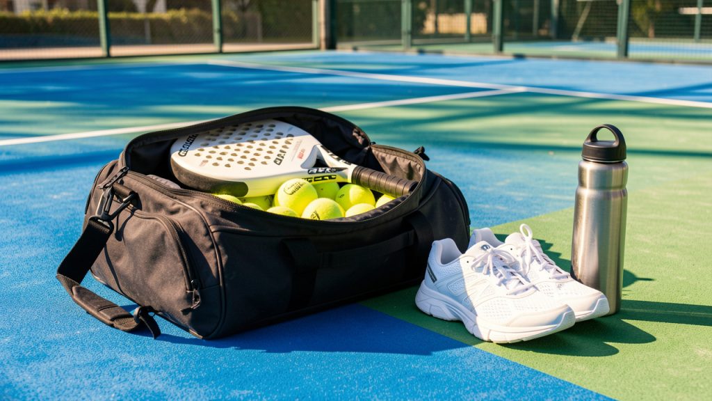 Sac de padel ouvert contenant une raquette, des balles jaunes, des chaussures de sport et une gourde sur un court lumineux.