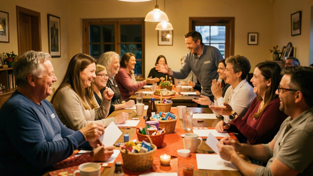 Salle associative chaleureuse où des bénévoles et des participants adultes souriants se réunissent autour de tables décorées pour une soirée conviviale de jeux et de petits lots.