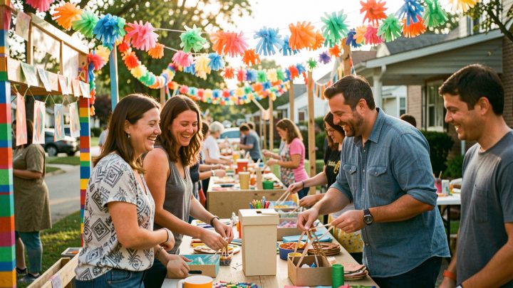 Des bénévoles souriants installent des stands colorés, des guirlandes et une urne de dons pour une fête associative en plein air.