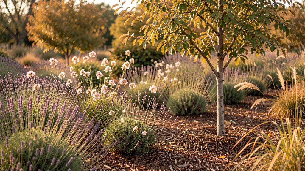 Jardin sec en automne avec lavandes fleuries, gauras légers et jeune arbre de Judée plantés dans un sol paillé sous une lumière douce d’octobre.