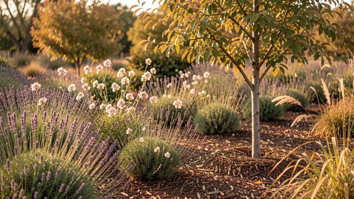Jardin sec en automne avec lavandes fleuries, gauras légers et jeune arbre de Judée plantés dans un sol paillé sous une lumière douce d’octobre.
