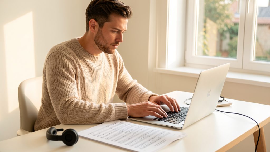 Un homme concentré travaille à un bureau lumineux, avec un ordinateur, un casque audio et une partition de musique classique dans une ambiance calme.