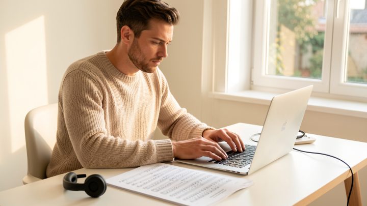 Un homme concentré travaille à un bureau lumineux, avec un ordinateur, un casque audio et une partition de musique classique dans une ambiance calme.