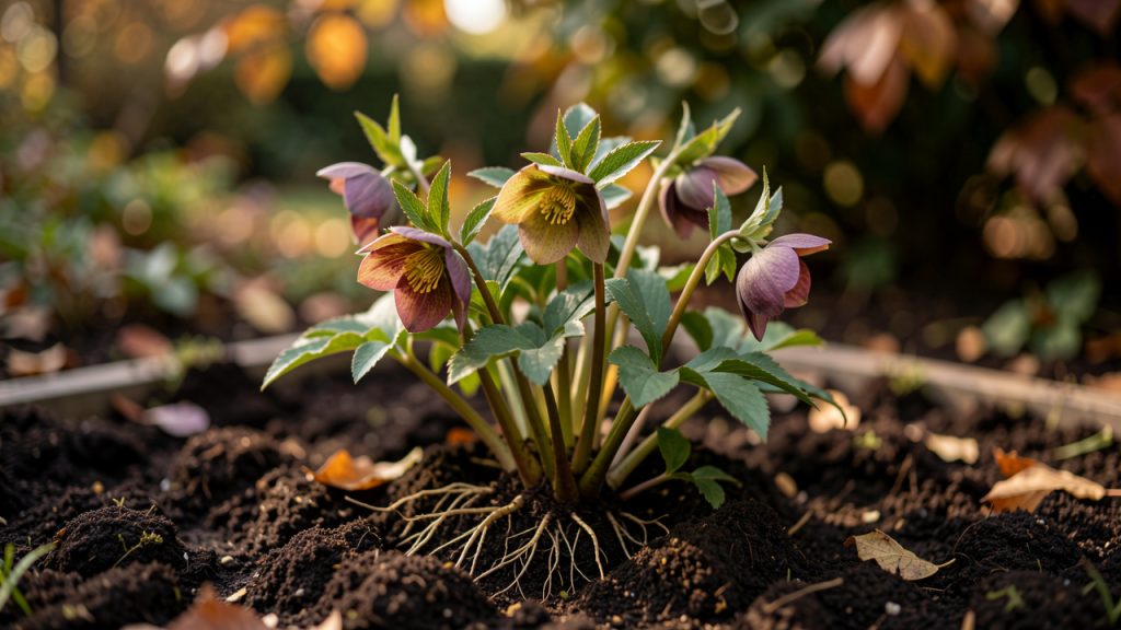 Touffe d’hellébores divisée dans un jardin de mi-ombre, avec ses racines visibles dans un sol riche en humus sous une douce lumière d’automne.